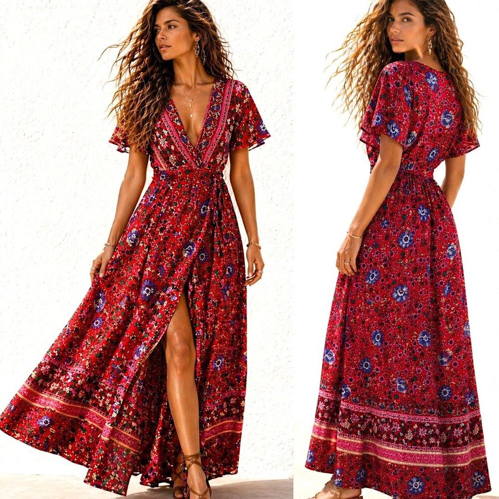 Coastal Cowgirl M Red Fairy Wrap Maxi Dress Flutter Sleeve Boho Festival Resort